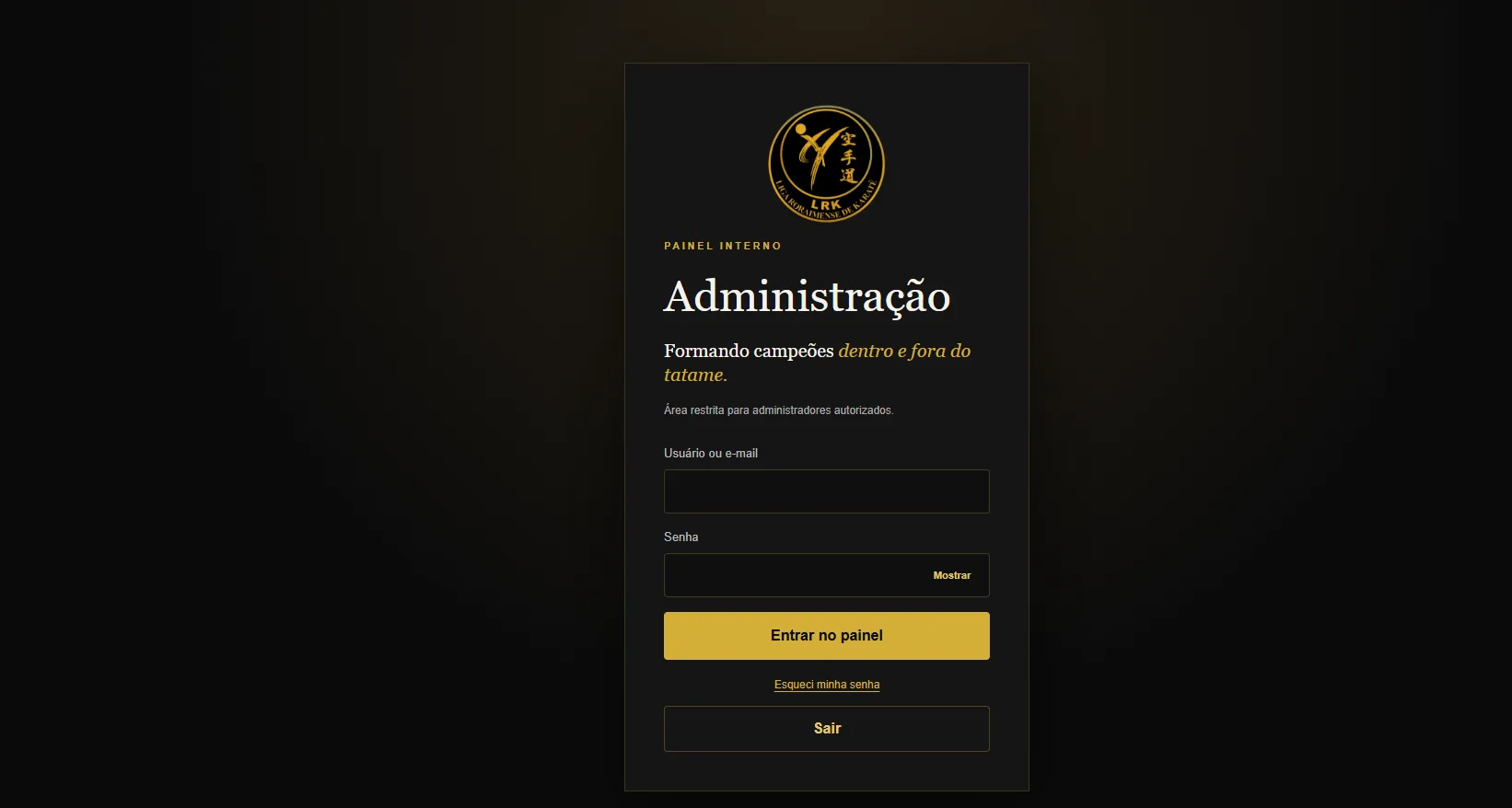 Painel administrativo da academia de artes marciais