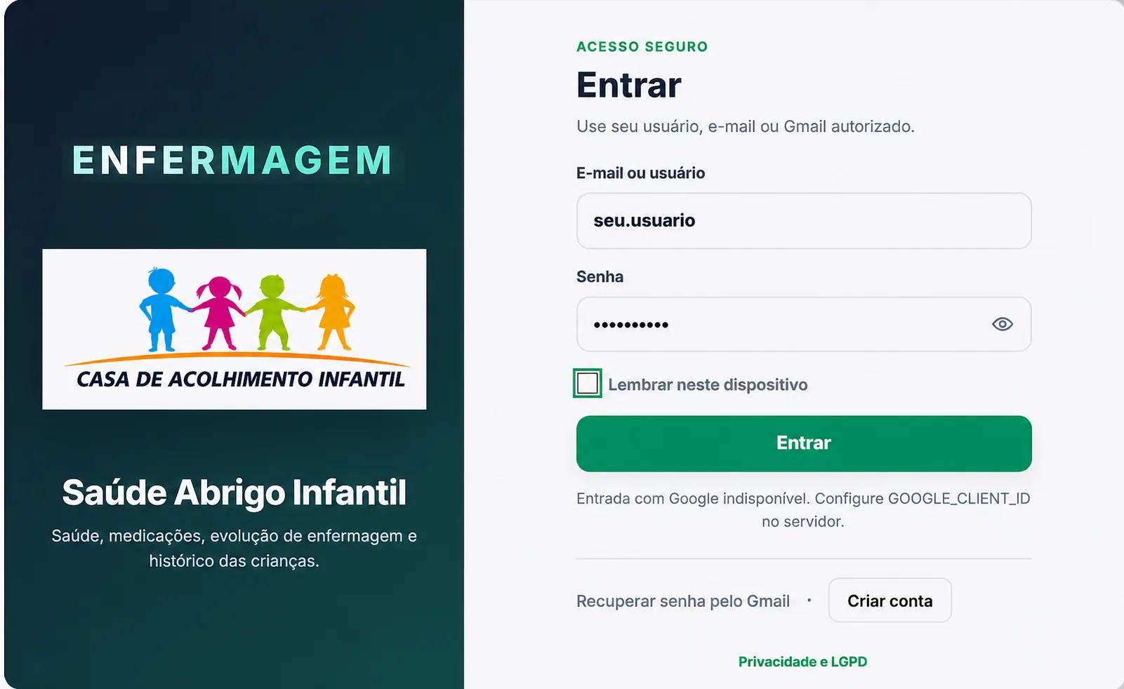 Tela de acesso seguro da plataforma Saúde Abrigo Infantil